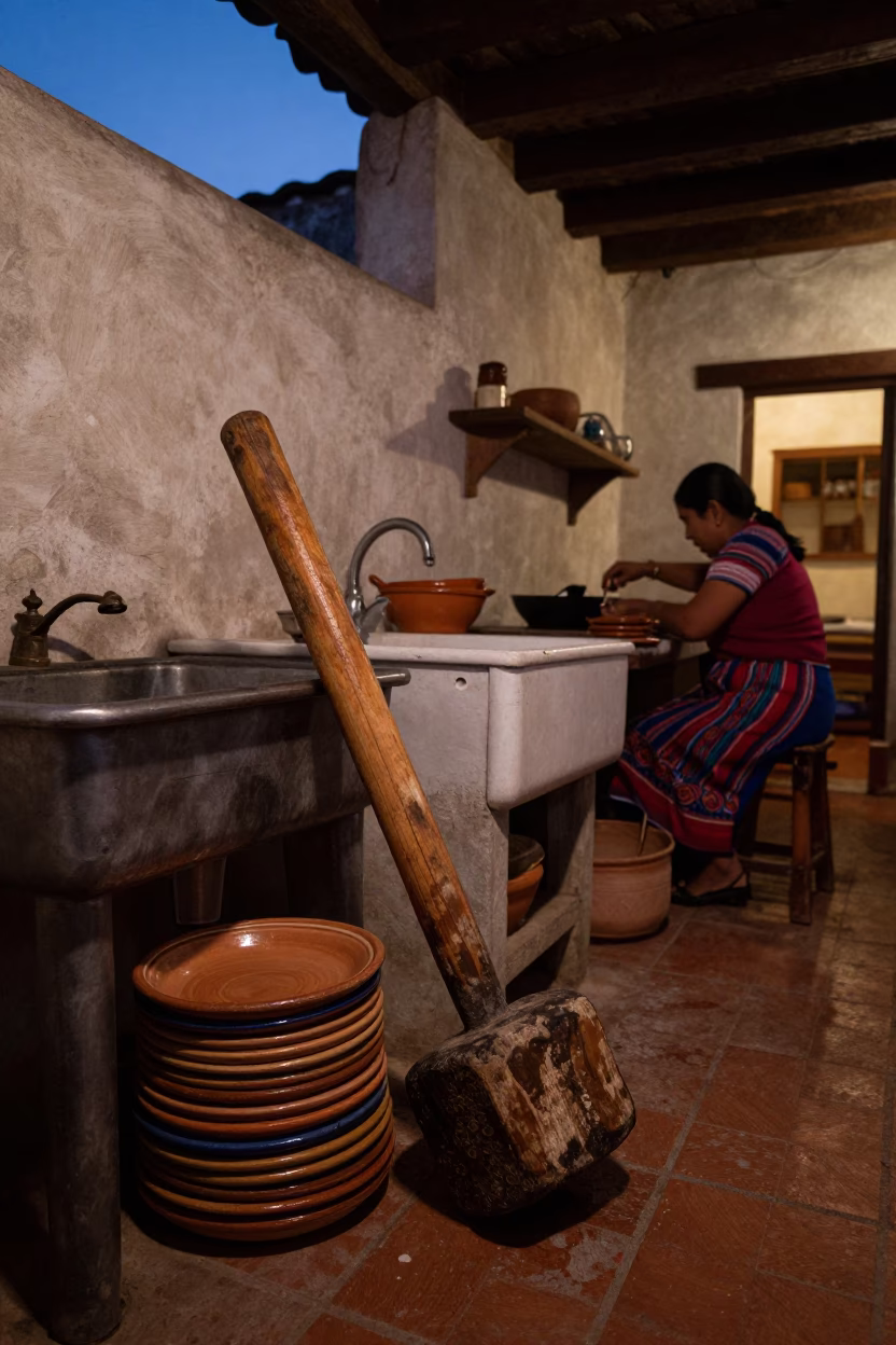 Busy Oaxacan Kitchen Evening with Wooden Mallet and Dish Towels in in Oaxaca, Mexico