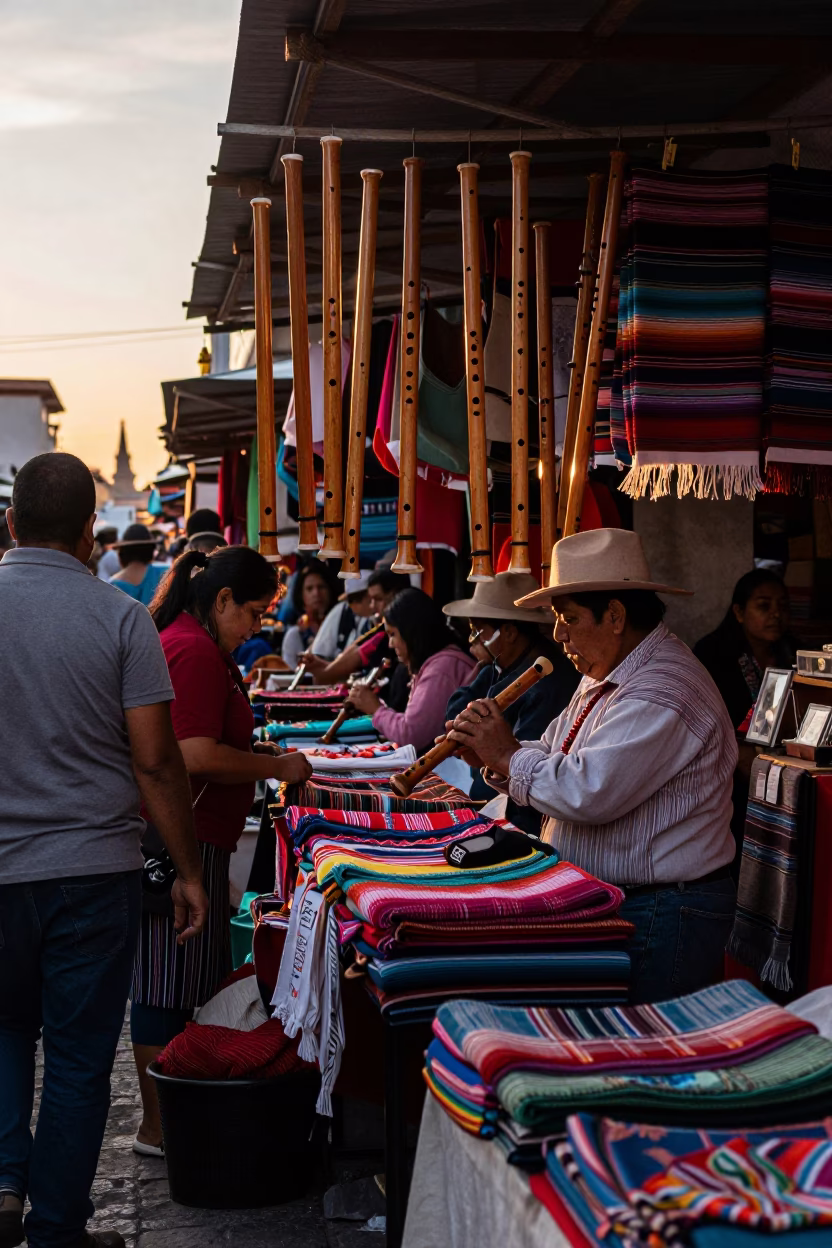 Busy Oaxacan Market Stall at Golden Hour with Wooden Flute and Mortar in in Oaxaca, Mexico