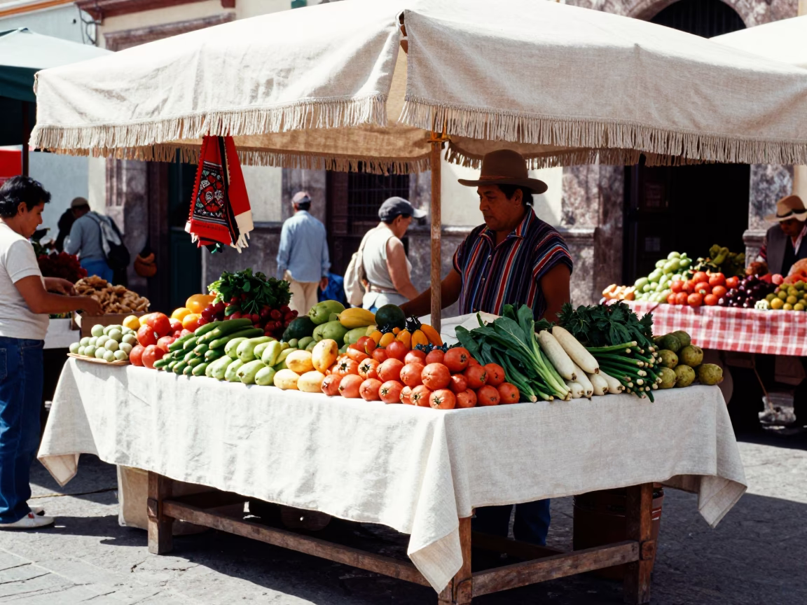Busy Oaxacan Market Stall with Linen Fringe and Grapes in Bright Midmorning Light in in Oaxaca, Mexico