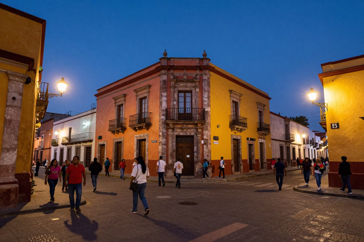 Busy Oaxacan Street Corner at Dusk with Colorful Architecture and Local Vendors in in Oaxaca, Mexico