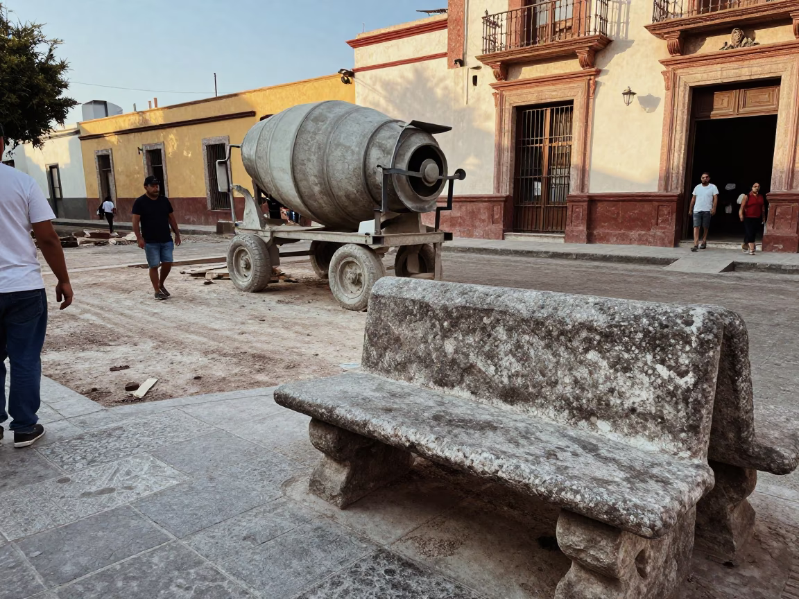 Busy Oaxacan Street Corner with Stone Bench and Construction Activity in Early Afternoon in in Oaxaca, Mexico