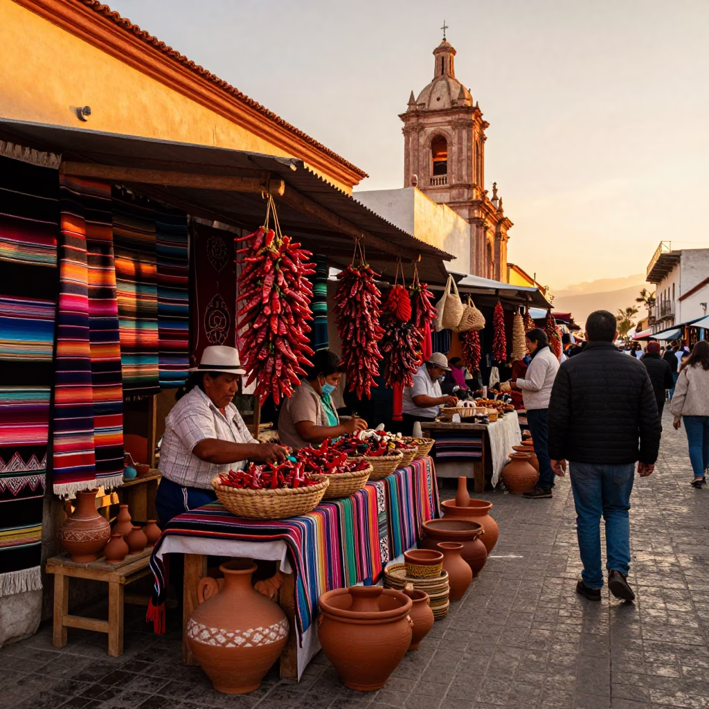 Busy Oaxacan Street Market Stall at Sunset with Local Artisans and Traditional Goods in in Oaxaca, Mexico