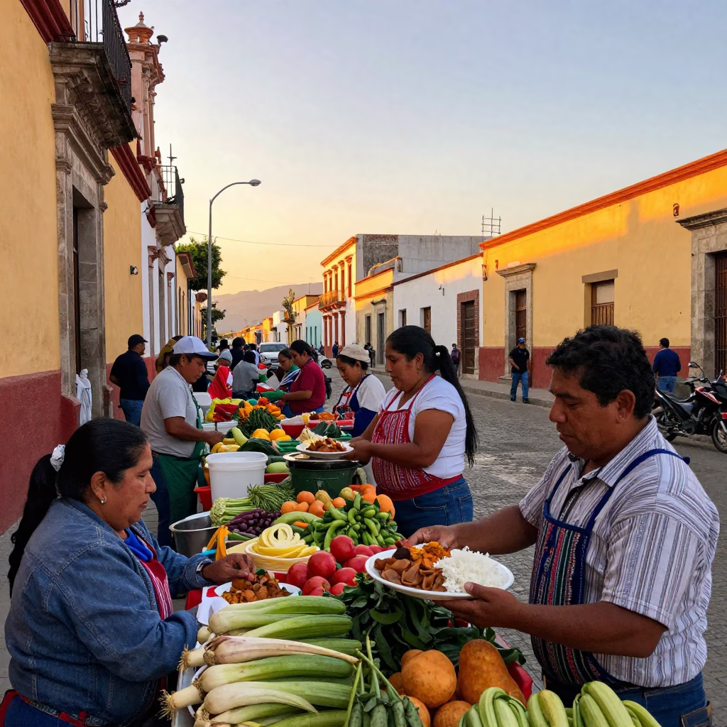 Busy Oaxacan Street Stall at Golden Hour with Bandeja Paisa and Local Market Life in in Oaxaca, Mexico