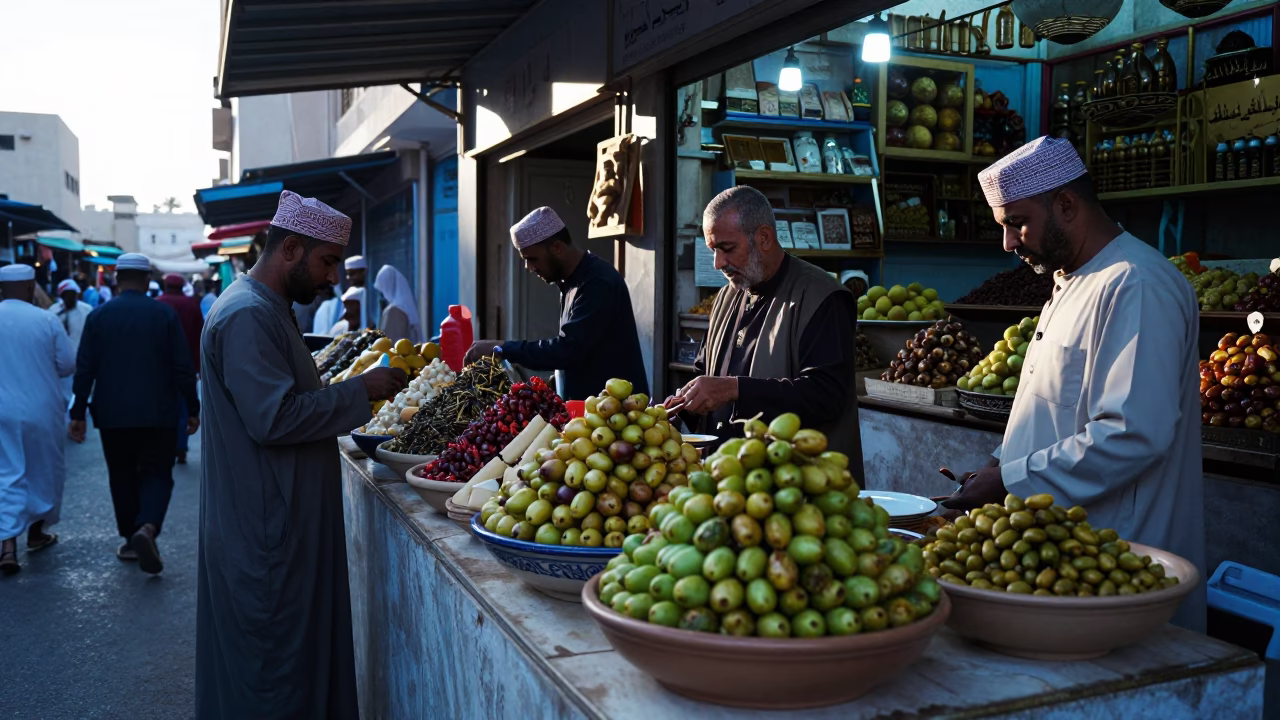 Busy Omani Market Stall Morning with Fruit Bowl and Houseplants in in Muscat, Oman