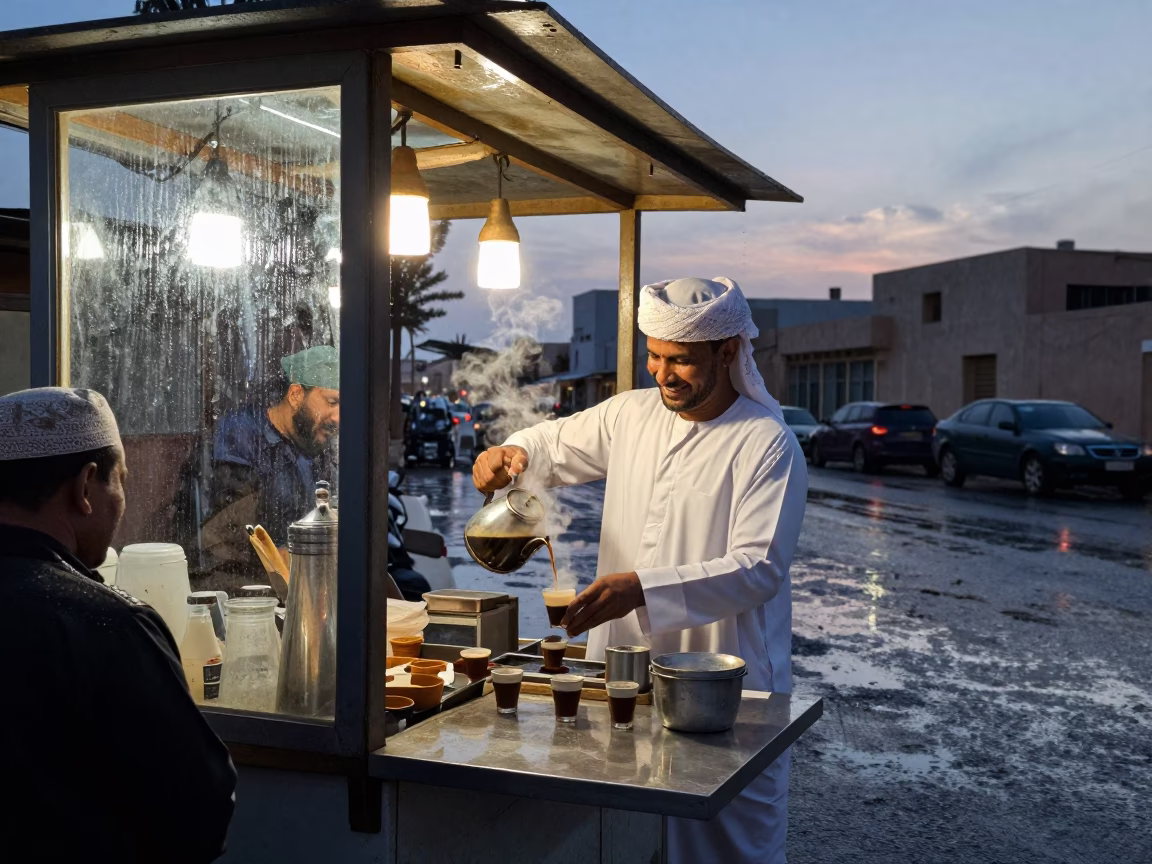 Busy Omani Street Stall Serving Coffee Under Dusk Rain in Muscat in in Muscat, Oman