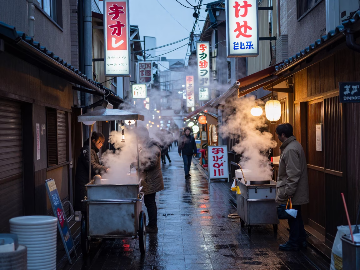 Busy Osaka Alleyway Before Dawn with Steam, Neon, and Local Commerce in in Osaka, Japan