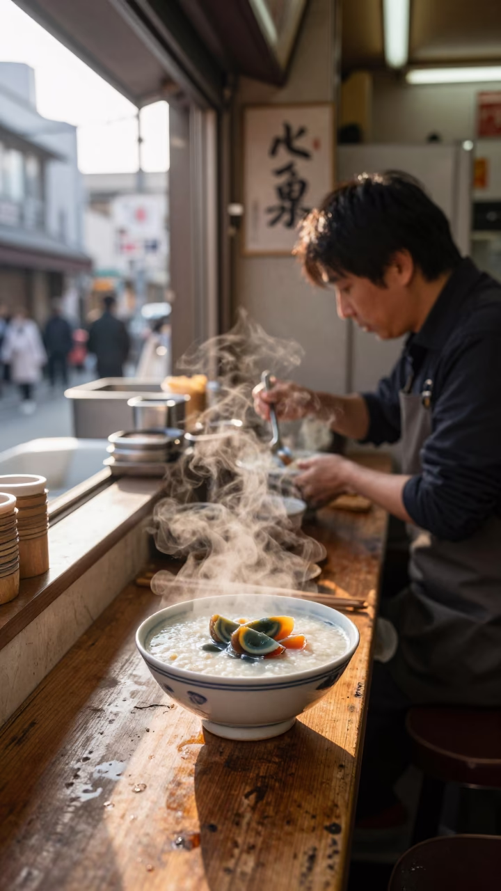 Busy Osaka Breakfast Stall Just After Sunrise with Congee and Century Egg in in Osaka, Japan
