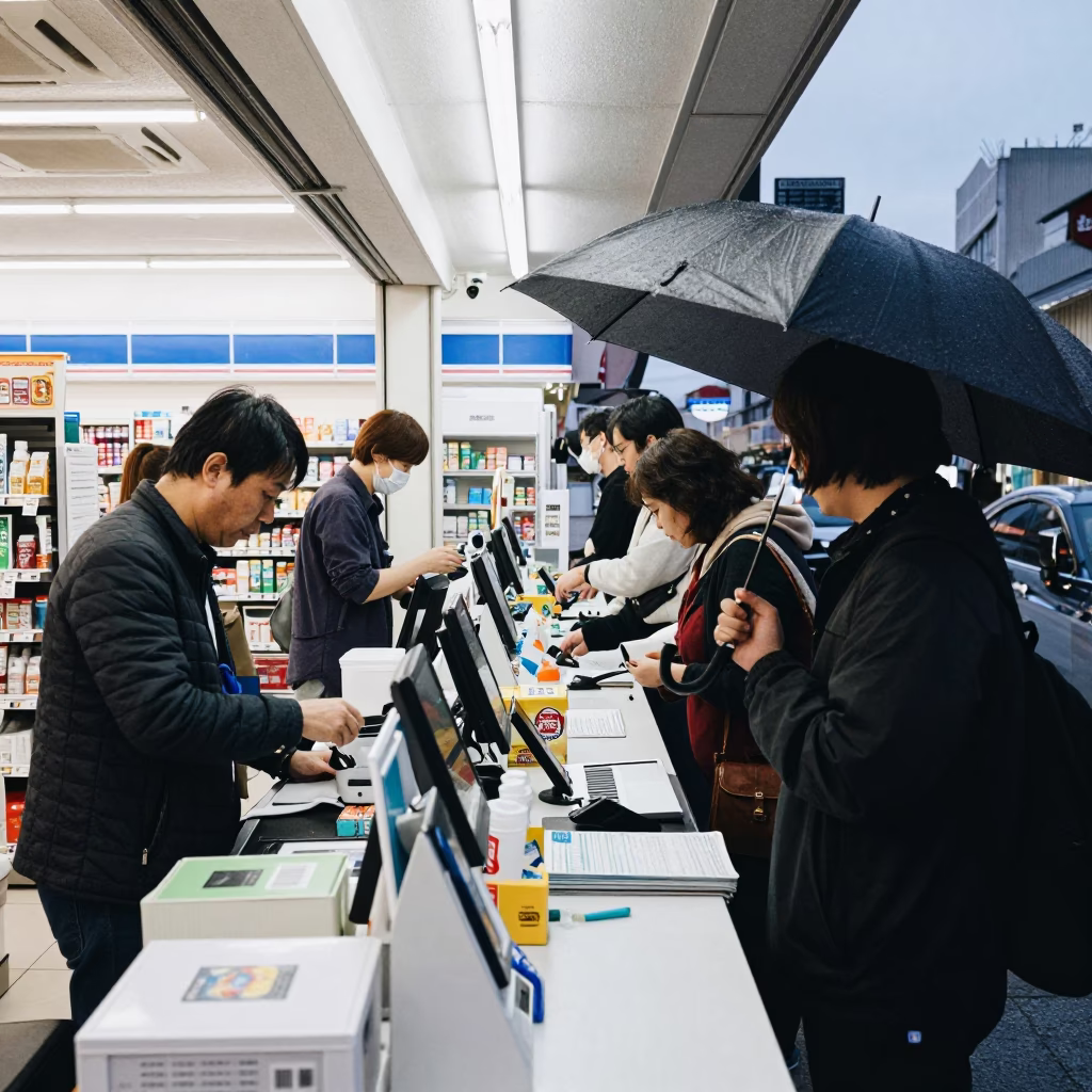 Busy Osaka Convenience Store Counter Evening Customer Transaction with Water Rings in in Osaka, Japan