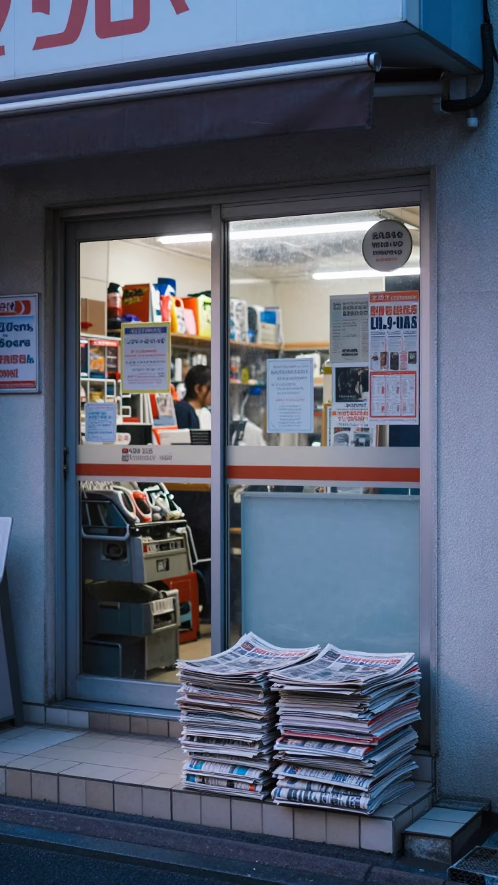 Busy Osaka Convenience Store Exterior at Dawn with Newspaper Stack and Door Mats in in Osaka, Japan