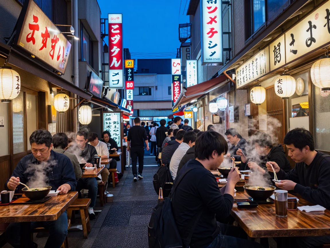 Busy Osaka Diner Interior with Neon Signs and Steam at Indigo Twilight in in Osaka, Japan