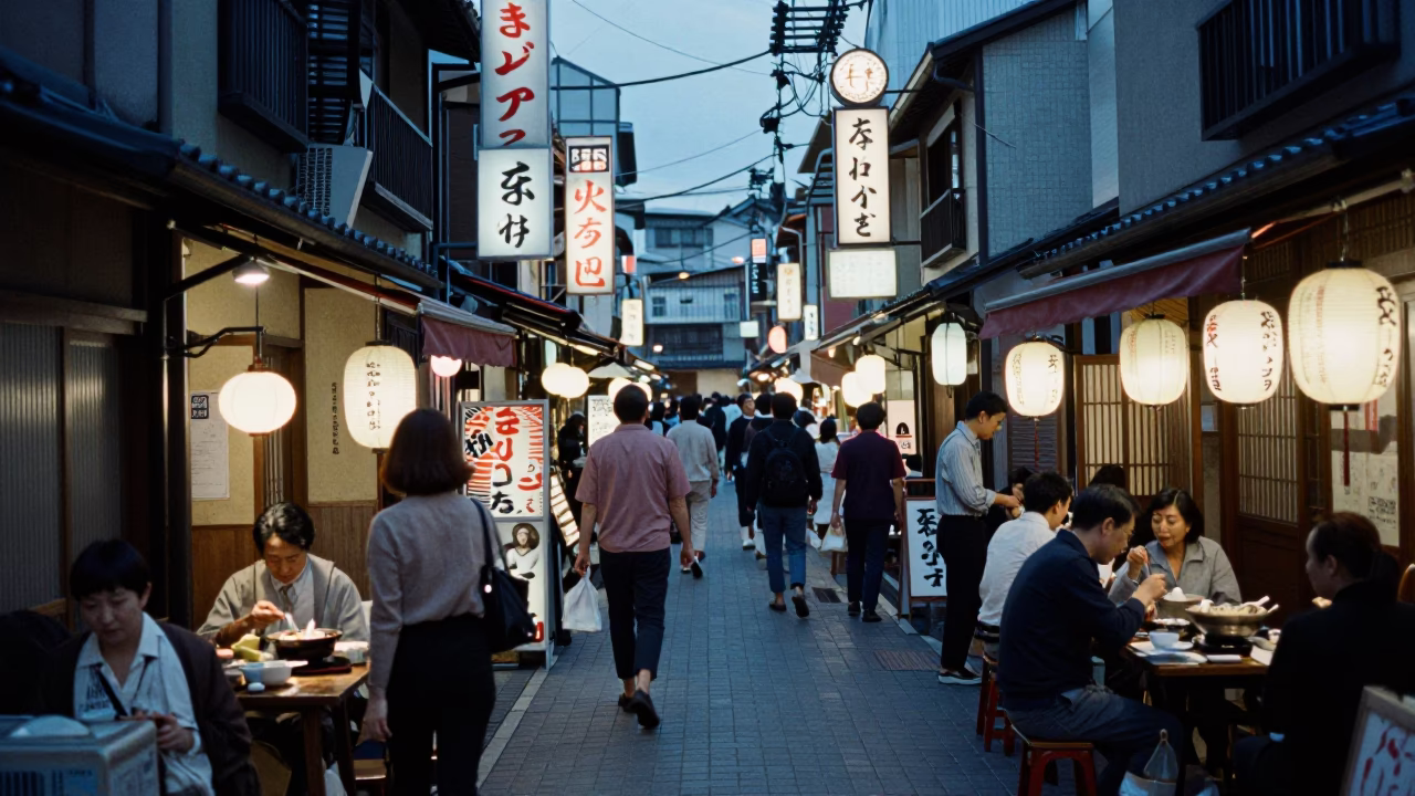 Busy Osaka Japan Evening Street Scene with Wonton Soup and Local Dining in in Osaka, Japan