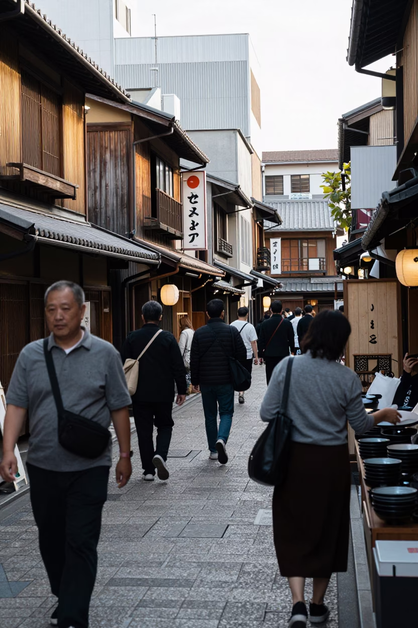 Busy Osaka Japan Late Morning Street Scene with Serving Bowls and Coffee Brewing in in Osaka, Japan