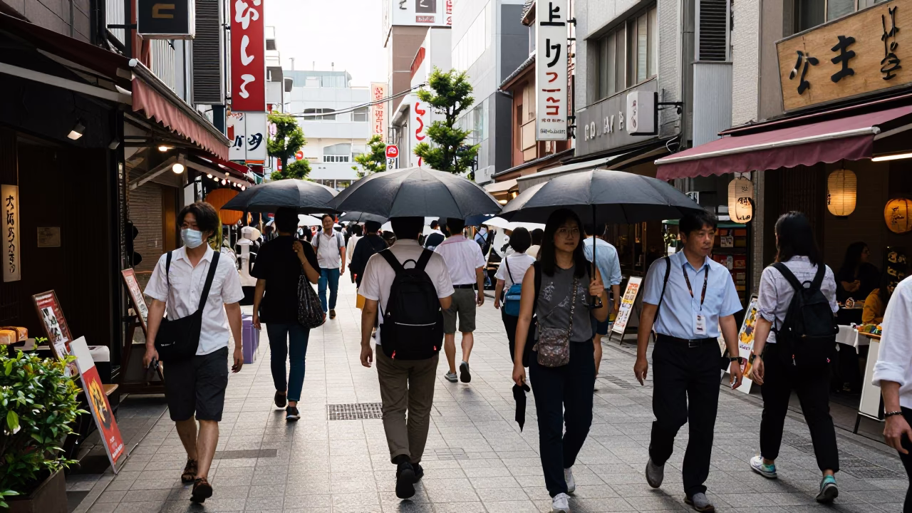 Busy Osaka Japan Late Morning Street Scene with Umbrellas and Local Life in in Osaka, Japan