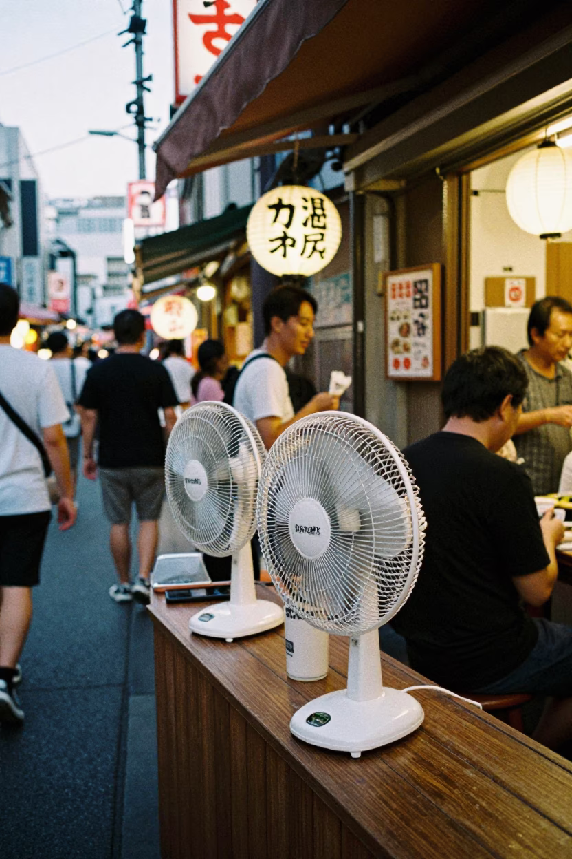 Busy Osaka Japan Street Corner Evening Scene with Table Fans and Houseplants in in Osaka, Japan