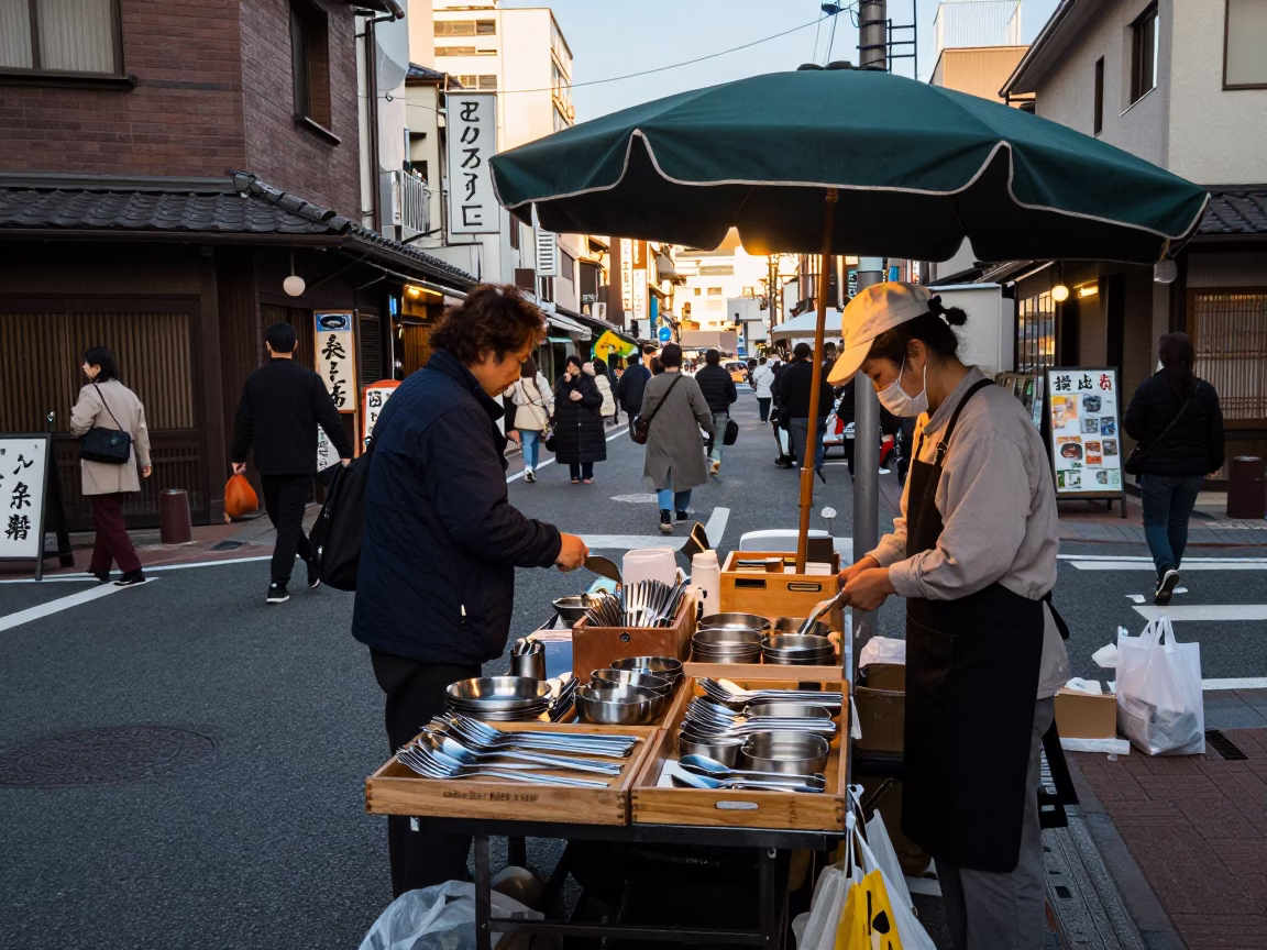 Busy Osaka Japan Street Corner Late Afternoon with Cutlery and Urban Details in in Osaka, Japan