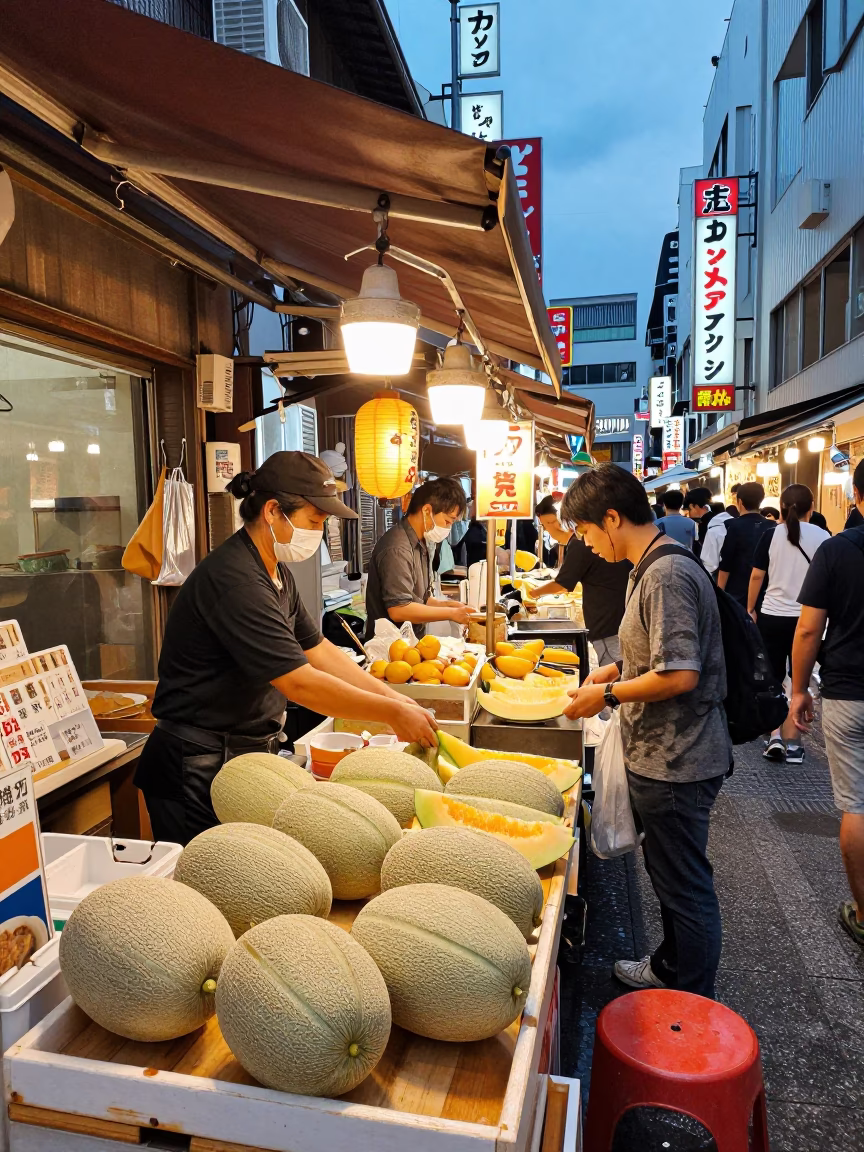 Busy Osaka Japan Street Food Stall Early Evening with Melons and Vintage SUV in in Osaka, Japan