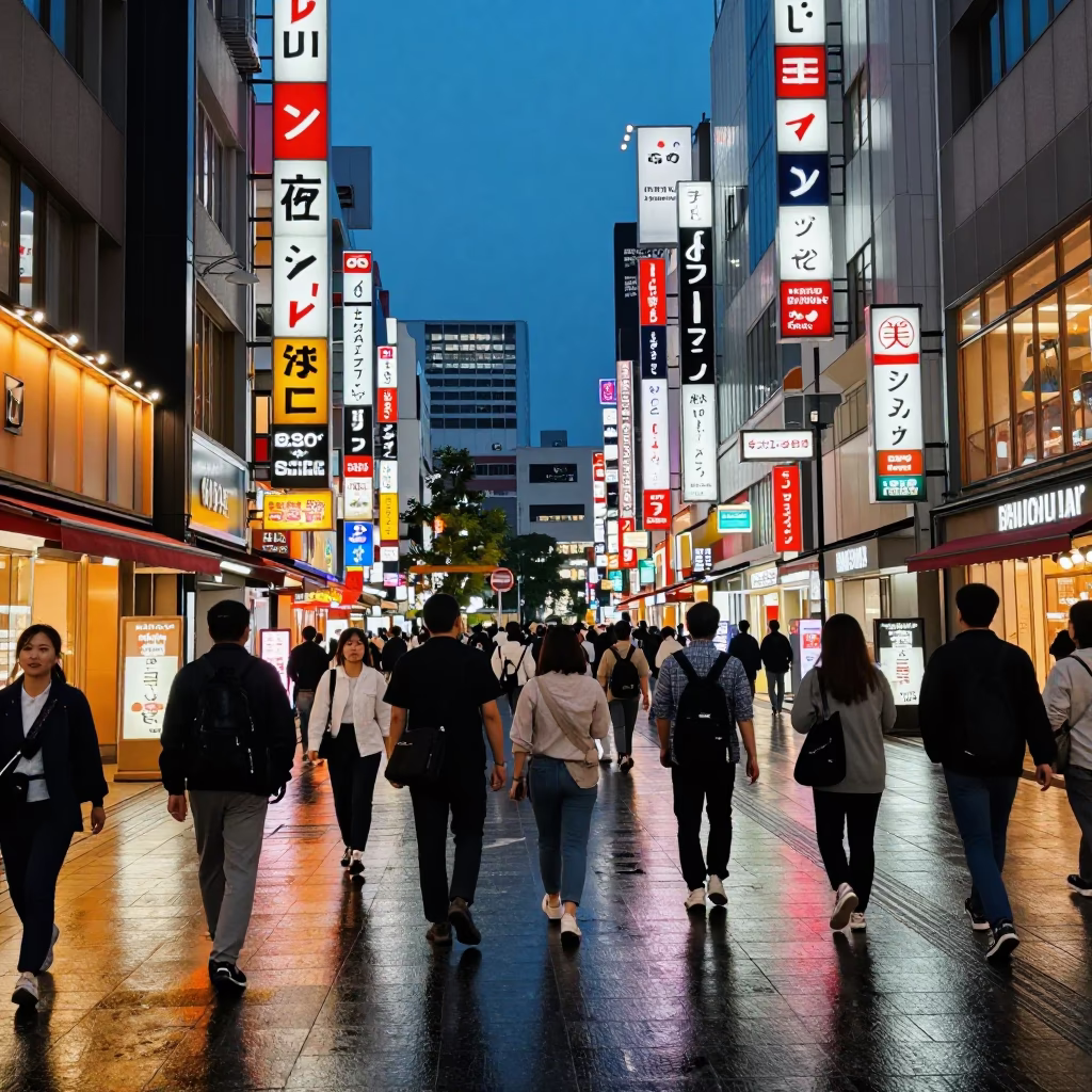 Busy Osaka Japan Street Scene at Dusk with Neon Lights and Local Dining in in Osaka, Japan