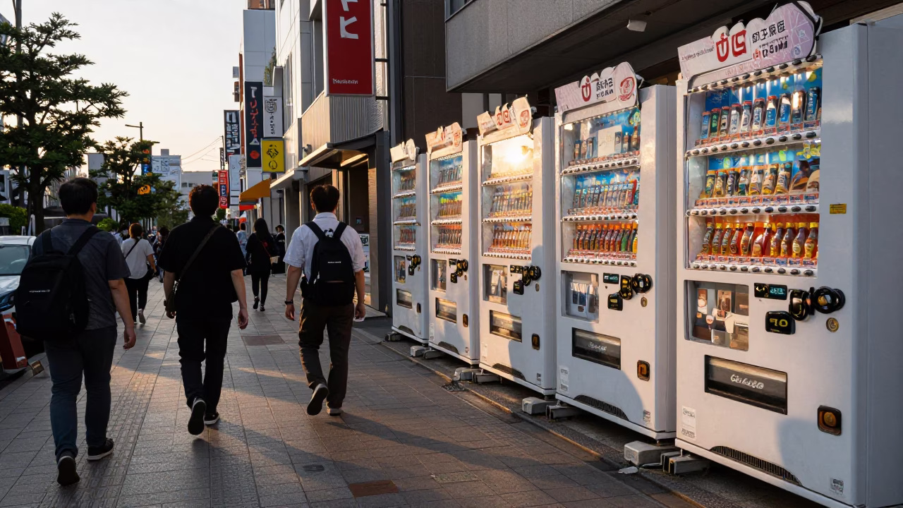 Busy Osaka Japan street scene at golden hour with vending machines and pedestrians in in Osaka, Japan