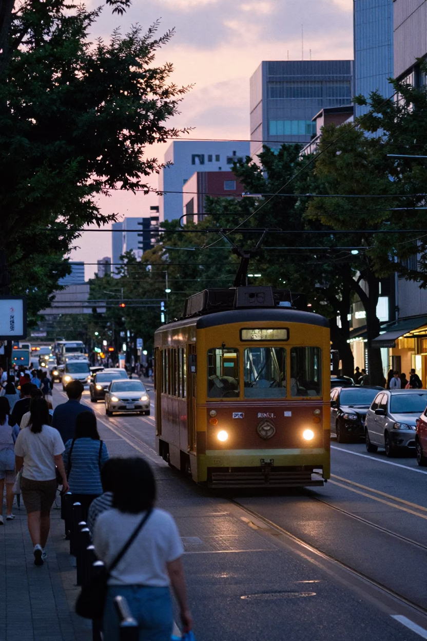 Busy Osaka Japan Street Scene Before Sunrise with Tramcar and Urban Details in in Osaka, Japan