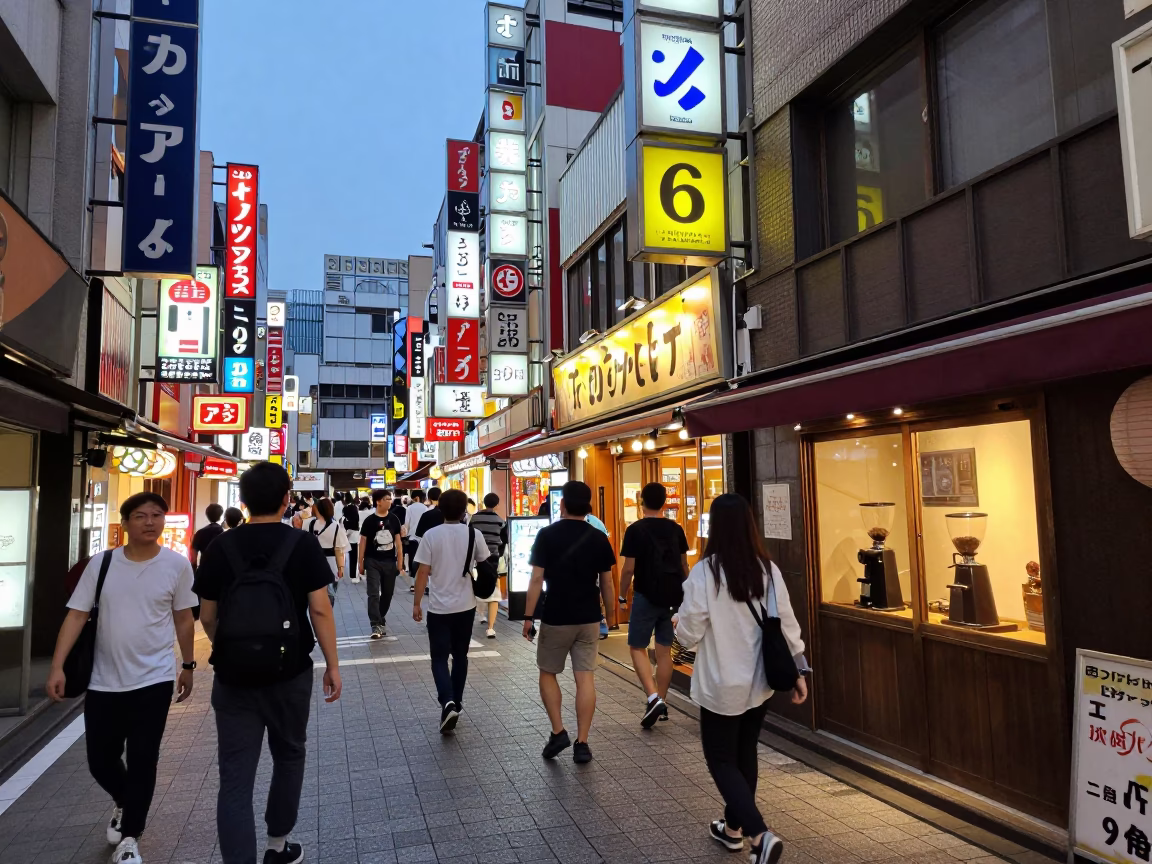 Busy Osaka Japan Street Scene Early Evening with Neon Signs and Pedestrians in in Osaka, Japan