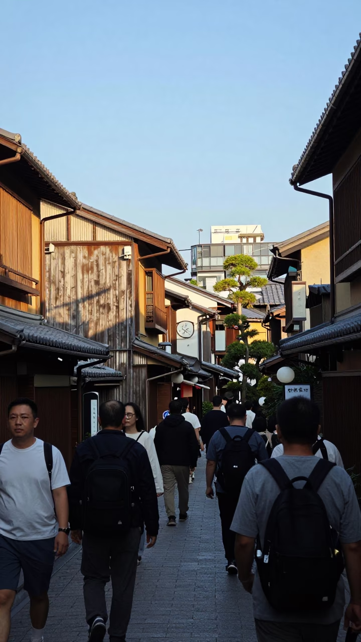 Busy Osaka Japan Street Scene Late Afternoon Light with Traditional Shop Fronts and Pedestrians in in Osaka, Japan