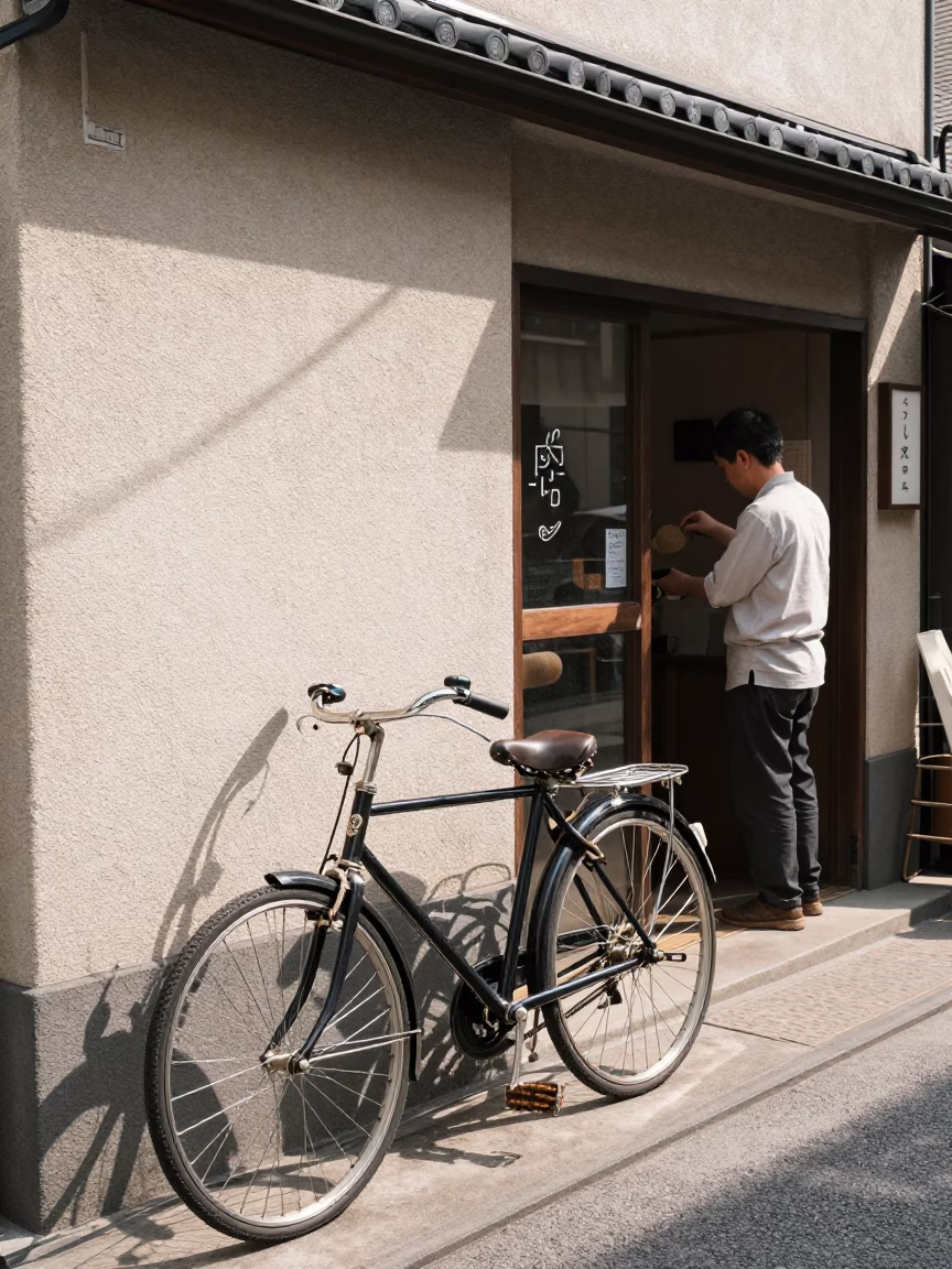 Busy Osaka Japan Street Scene Midday Vintage Bicycle Against Wall with Local Pedestrians in in Osaka, Japan