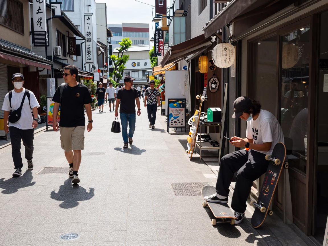 Busy Osaka Japan Street Scene Under Flat Noon Glare With Skateboarder And Local Interactions in in Osaka, Japan