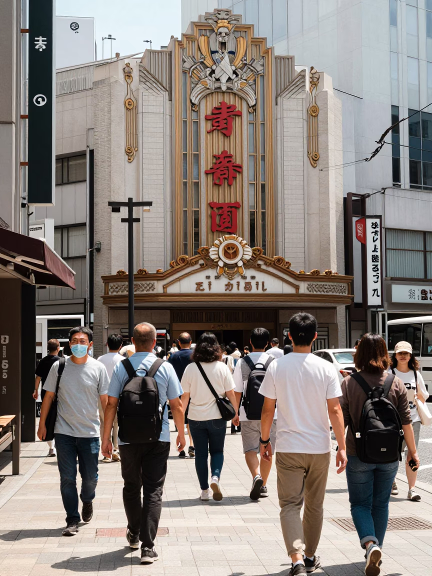 Busy Osaka Japan Street Scene Under Flat Noon Glare with Vintage Details in in Osaka, Japan