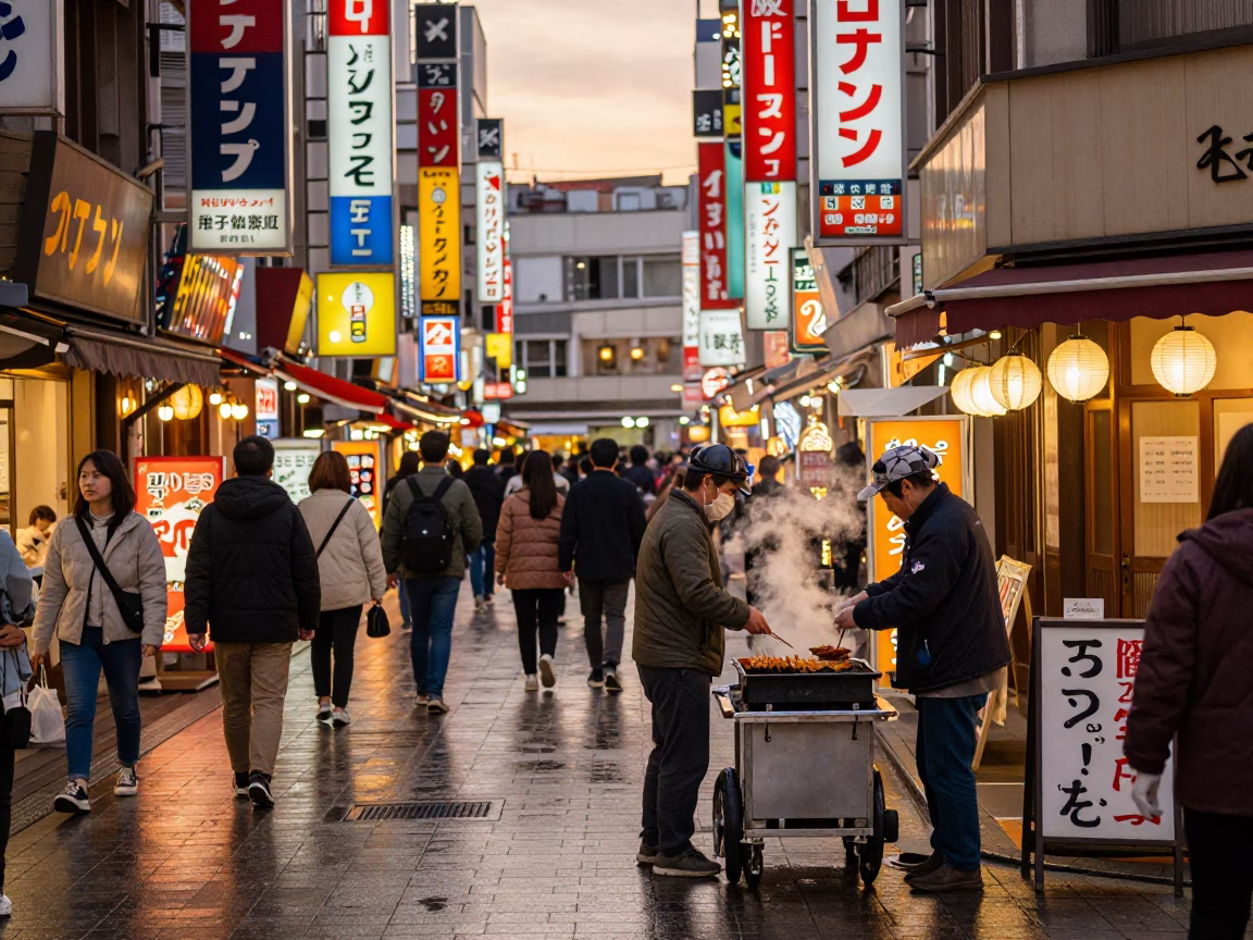 Busy Osaka Japan Street Scene with Colorful Signs and Evening Light in in Osaka, Japan