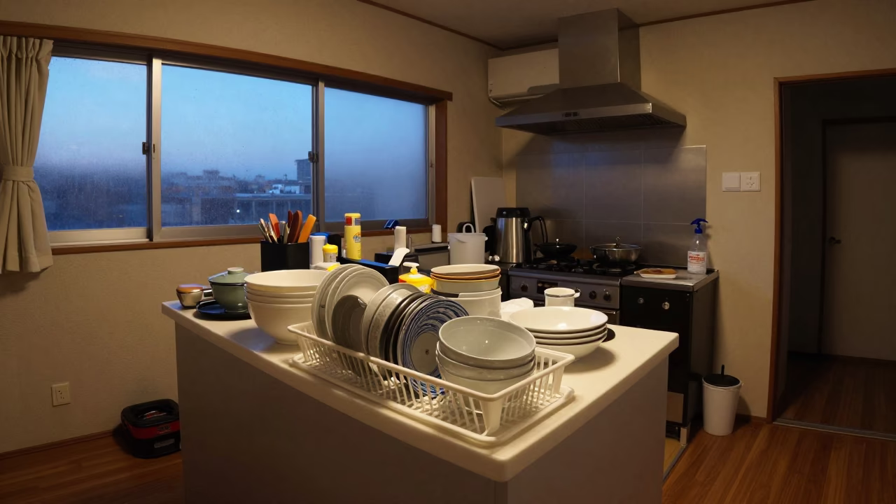 Busy Osaka Kitchen Counter Before Dawn with Dish Rack and Lemongrass in in Osaka, Japan