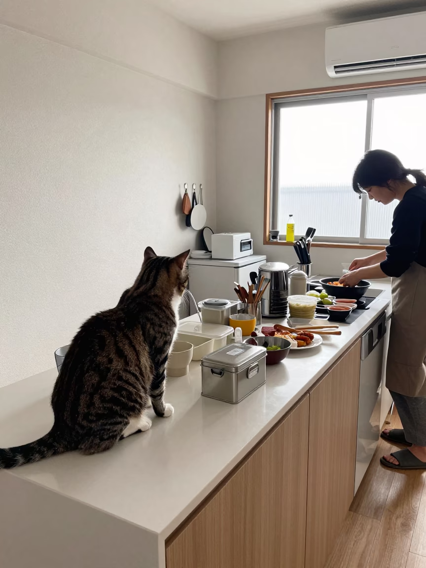 Busy Osaka Kitchen Counter With Tabby Cat And Tiffin Tin in in Osaka, Japan