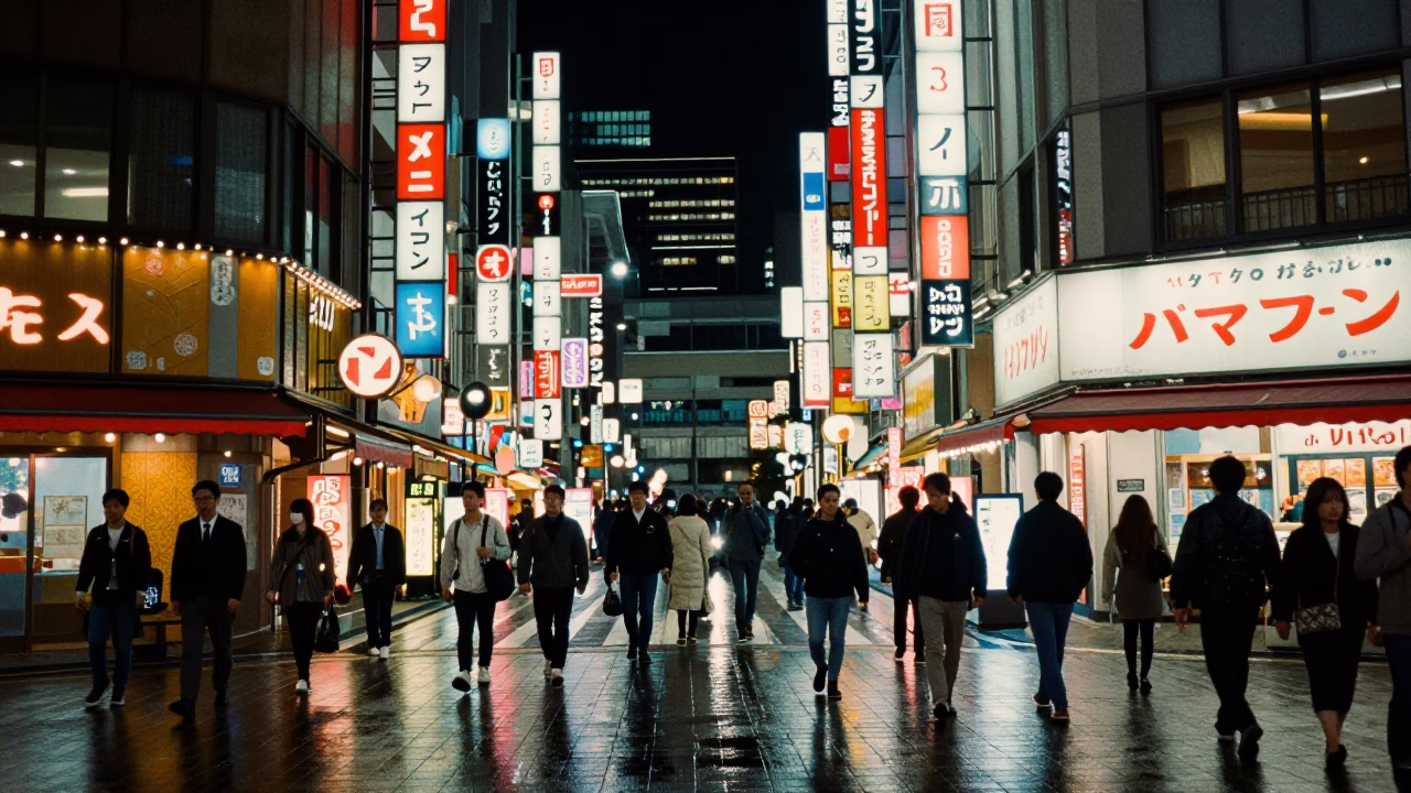Busy Osaka Night Street Scene with Neon Signs and Pedestrians in in Osaka, Japan