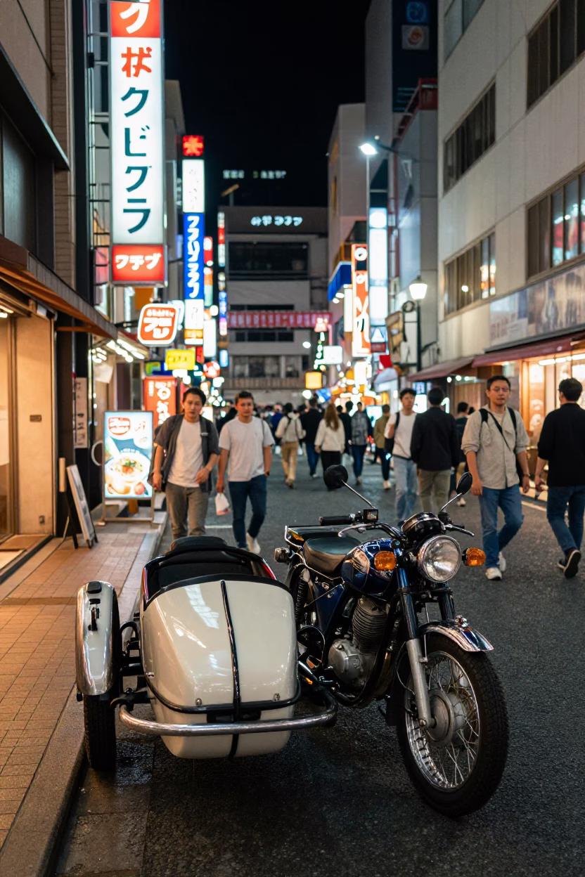 Busy Osaka Night Street Scene with Vintage Motorcycle Sidecar and Urban Elements in in Osaka, Japan