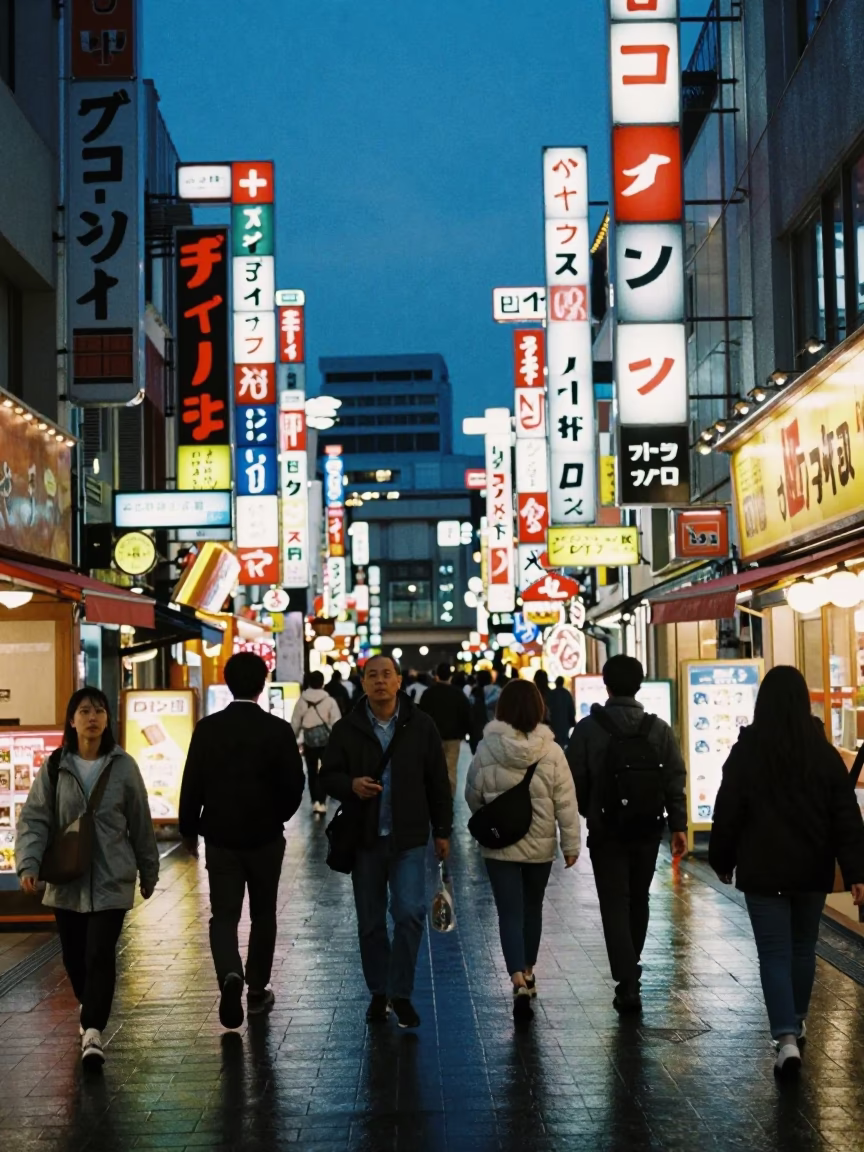 Busy Osaka Street at Twilight with Neon Signs and Pedestrians in in Osaka, Japan