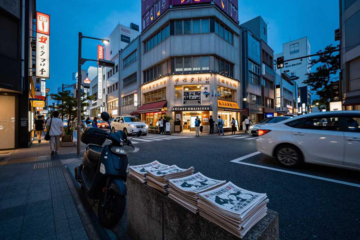Busy Osaka Street Corner at Blue Hour with Vintage Vespa and Newspaper Stack in in Osaka, Japan
