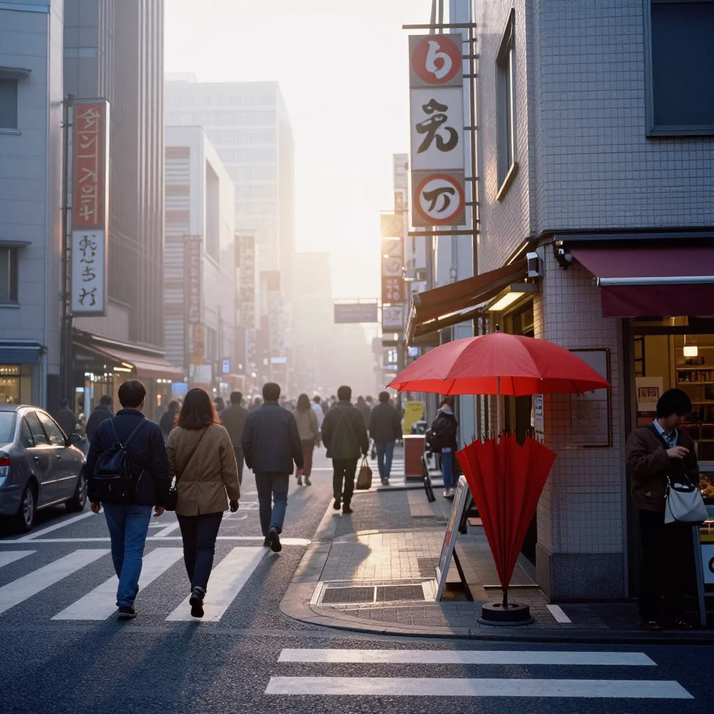 Busy Osaka Street Corner at Dawn with Umbrella Stand and Local Life in in Osaka, Japan