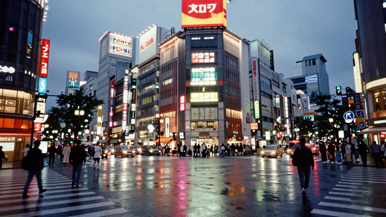 Busy Osaka Street Corner at Dusk with Neon Signs and Pedestrians in in Osaka, Japan