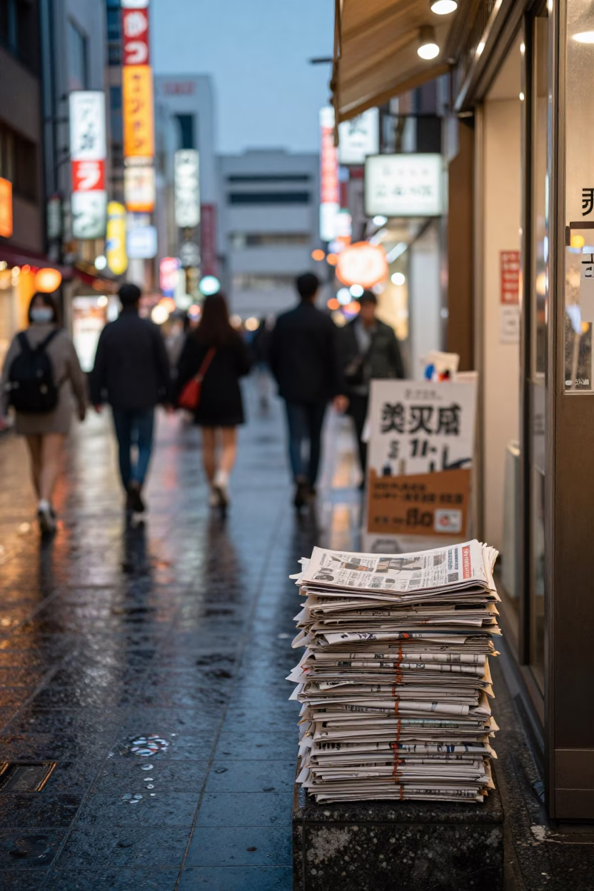 Busy Osaka Street Corner at Dusk with Newspaper Stack and Spinning Top Play in in Osaka, Japan