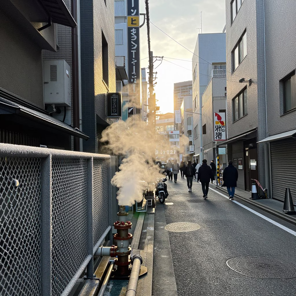 Busy Osaka Street Corner at First Light with Steaming Pipes and Lichen in in Osaka, Japan