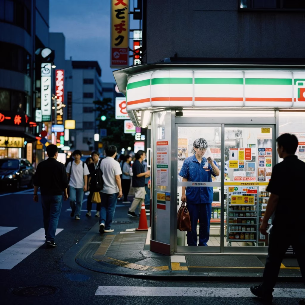 Busy Osaka Street Corner at Predawn in 1990s Japan with Rain and Urban Life in in Osaka, Japan