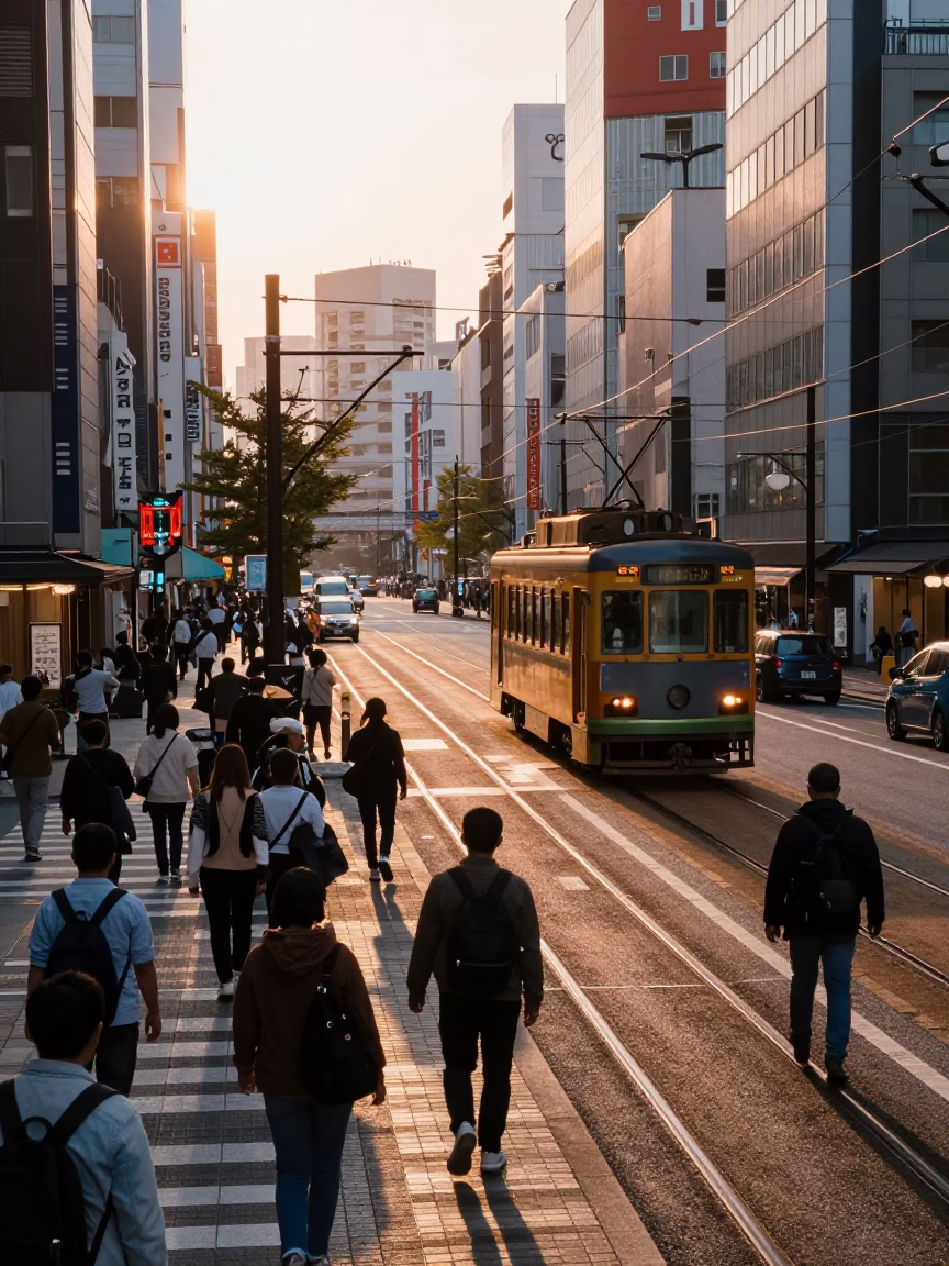 Busy Osaka Street Corner at Sunrise with Tram and Local Shop Details in in Osaka, Japan