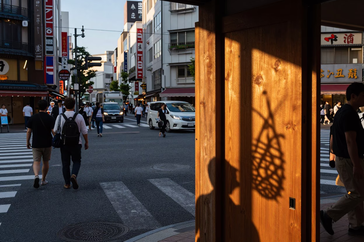 Busy Osaka Street Corner at Sunset with Wicker Shadow and Shirt Hanger in in Osaka, Japan