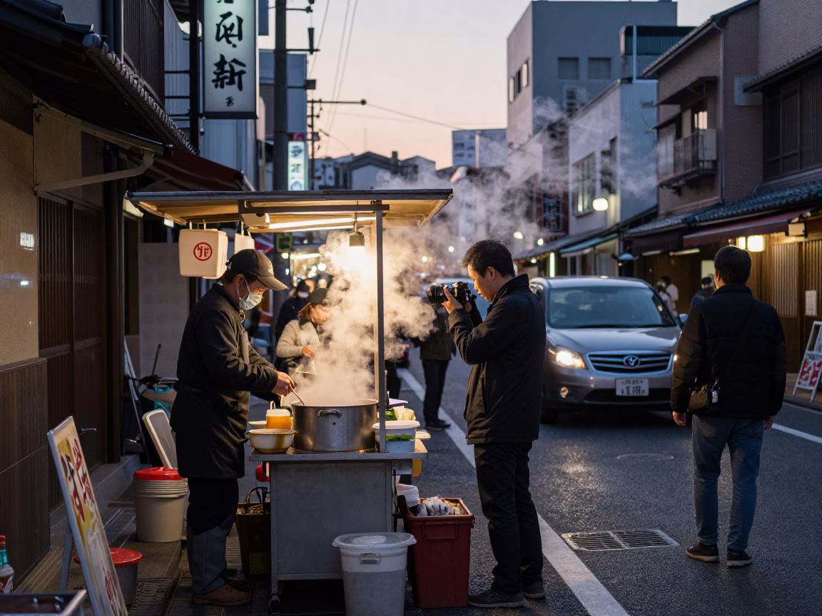 Busy Osaka Street Corner Before Dawn With Condensed Steam And Urban Life in in Osaka, Japan