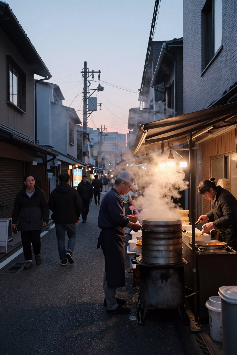 Busy Osaka Street Corner Before Dawn with Steam and Morning Vendors in in Osaka, Japan