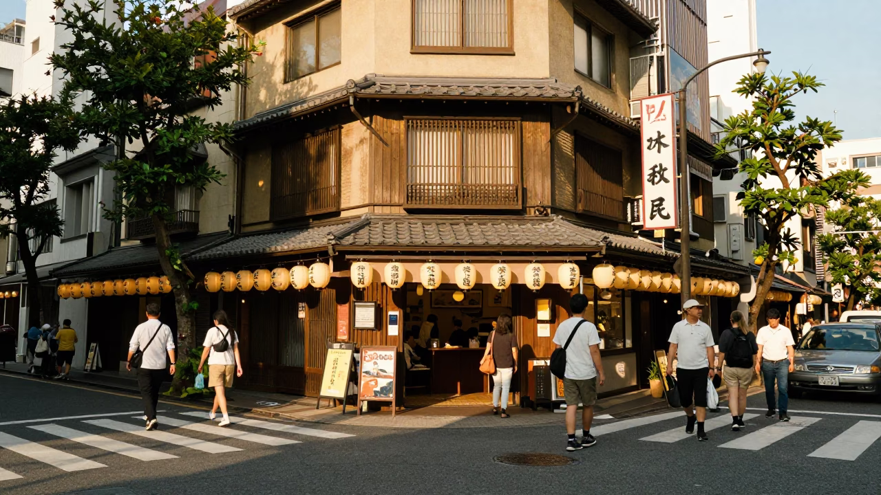 Busy Osaka Street Corner Early Afternoon with Traditional Shop Signage and Pedestrians in in Osaka, Japan