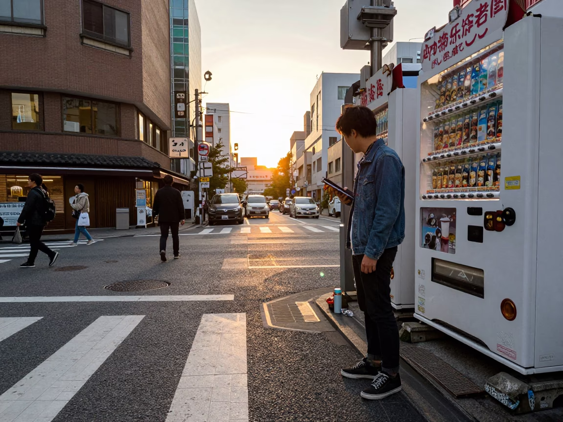 Busy Osaka Street Corner Golden Hour with Notebook and Thermos in in Osaka, Japan