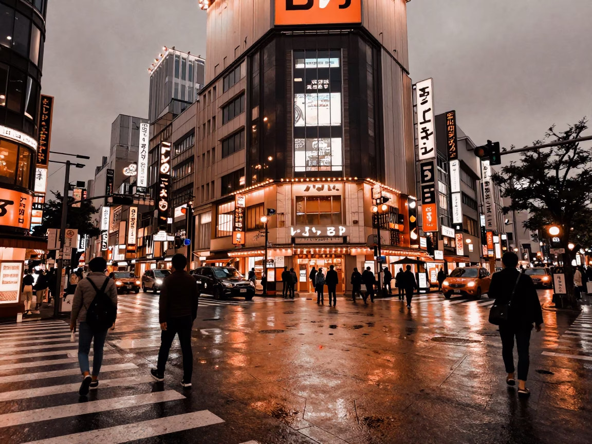 Busy Osaka Street Corner in Copper Dusk Light with Traditional and Modern Elements in in Osaka, Japan