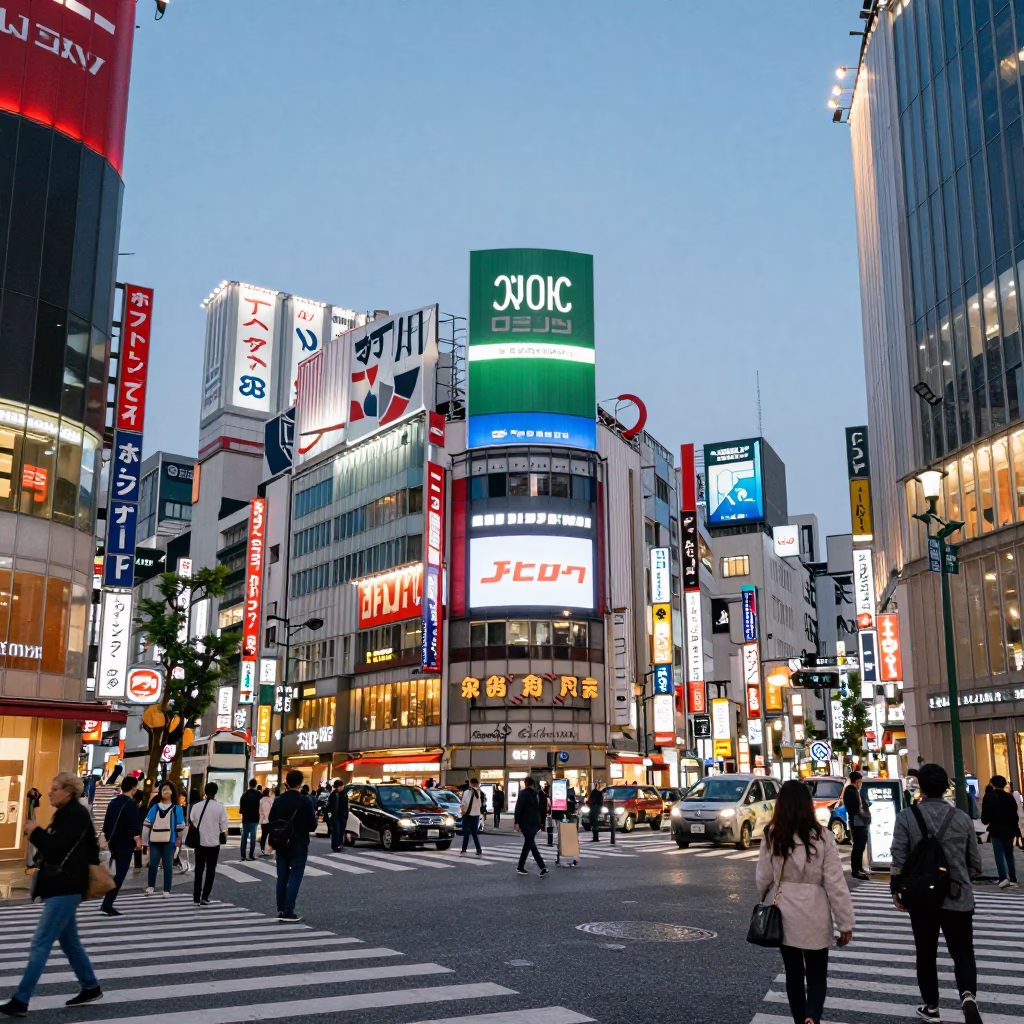 Busy Osaka Street Corner in Early Evening with Neon Signs and Pedestrians in in Osaka, Japan