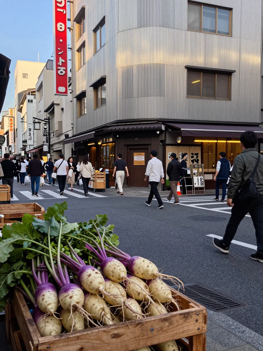Busy Osaka Street Corner Late Afternoon with Brushed Steel Tiles and Turnips in in Osaka, Japan