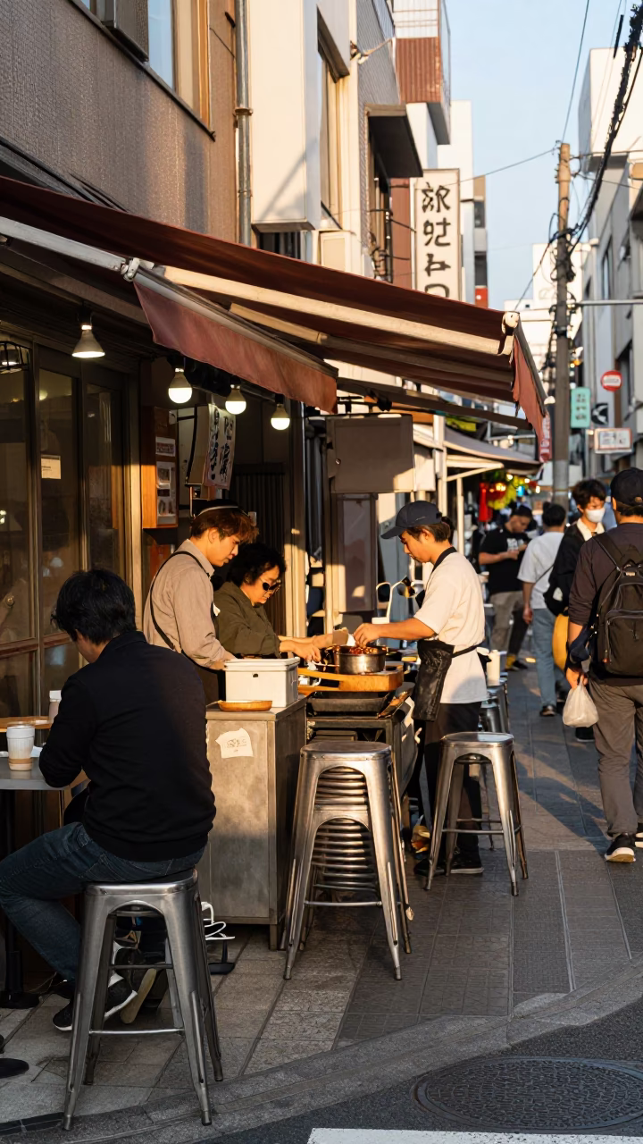 Busy Osaka Street Corner Late Afternoon with Metal Stools and Local Life in in Osaka, Japan